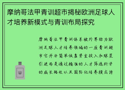 摩纳哥法甲青训超市揭秘欧洲足球人才培养新模式与青训布局探究